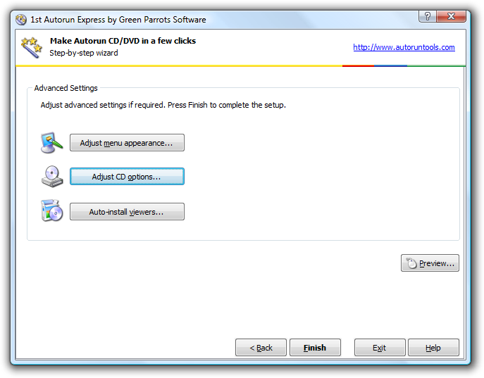 Click CD options button to setup CD icon, title and customize autorun launcher program file name, icon and version info (in Enterprise version).