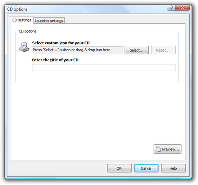CD options dialog. You can select custom CD icon and title. Click Launcher settings (in Enterprise version), to setup autorun launcher settings. Click to enlarge...
