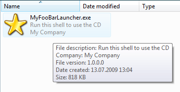 Customized autorun launcher shown in Explorer, in Tiles view, with customized version information displayed in the tooltip.